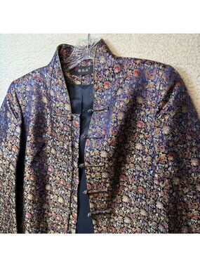 Chinese Brocade Floral Jacket Frog Closures Multi Color Gold Size Medium